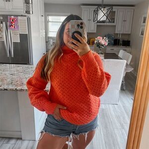 Anthropologie Women's Orange Cable-Knit Turtleneck Sweater Size L